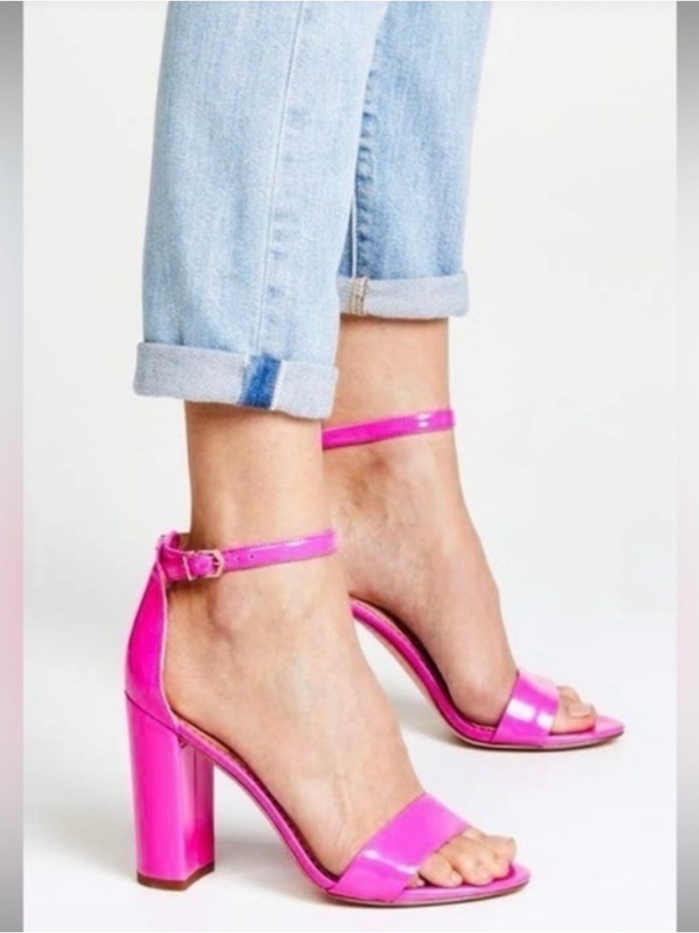 Sam Edelman Yaro Women's Hot Pink Patent Ankle Strap Block Heel Size 7.5 Barbie